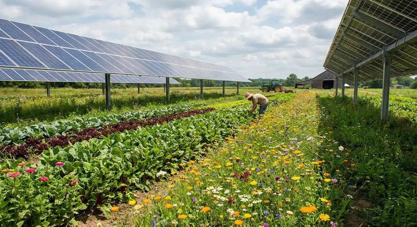 A working farm growing vegetables and flowers between rows of elevated solar panels