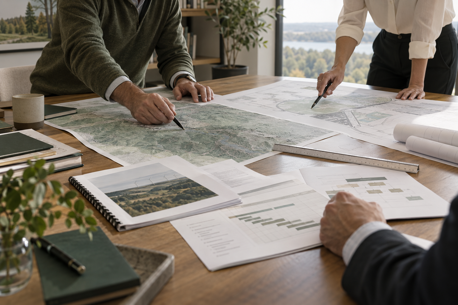 Development team reviewing site maps, plans and diligence materials at the table