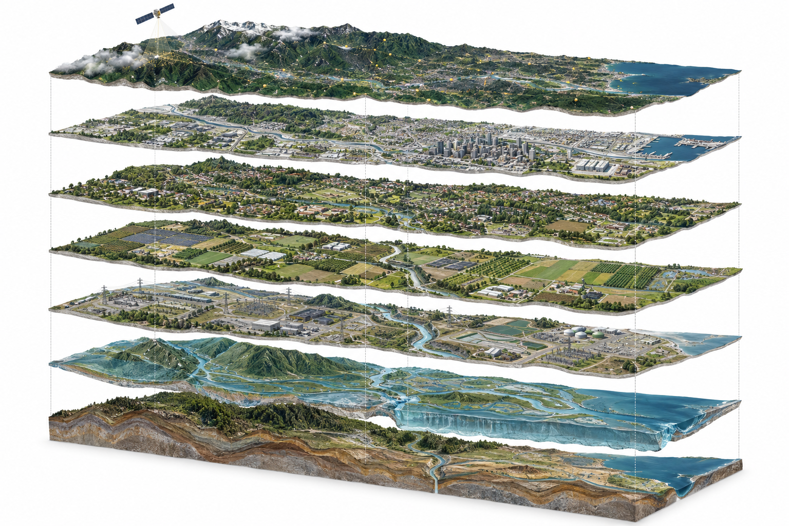 Exploded territorial model showing seven interconnected layers from land and water to infrastructure, settlement and information
