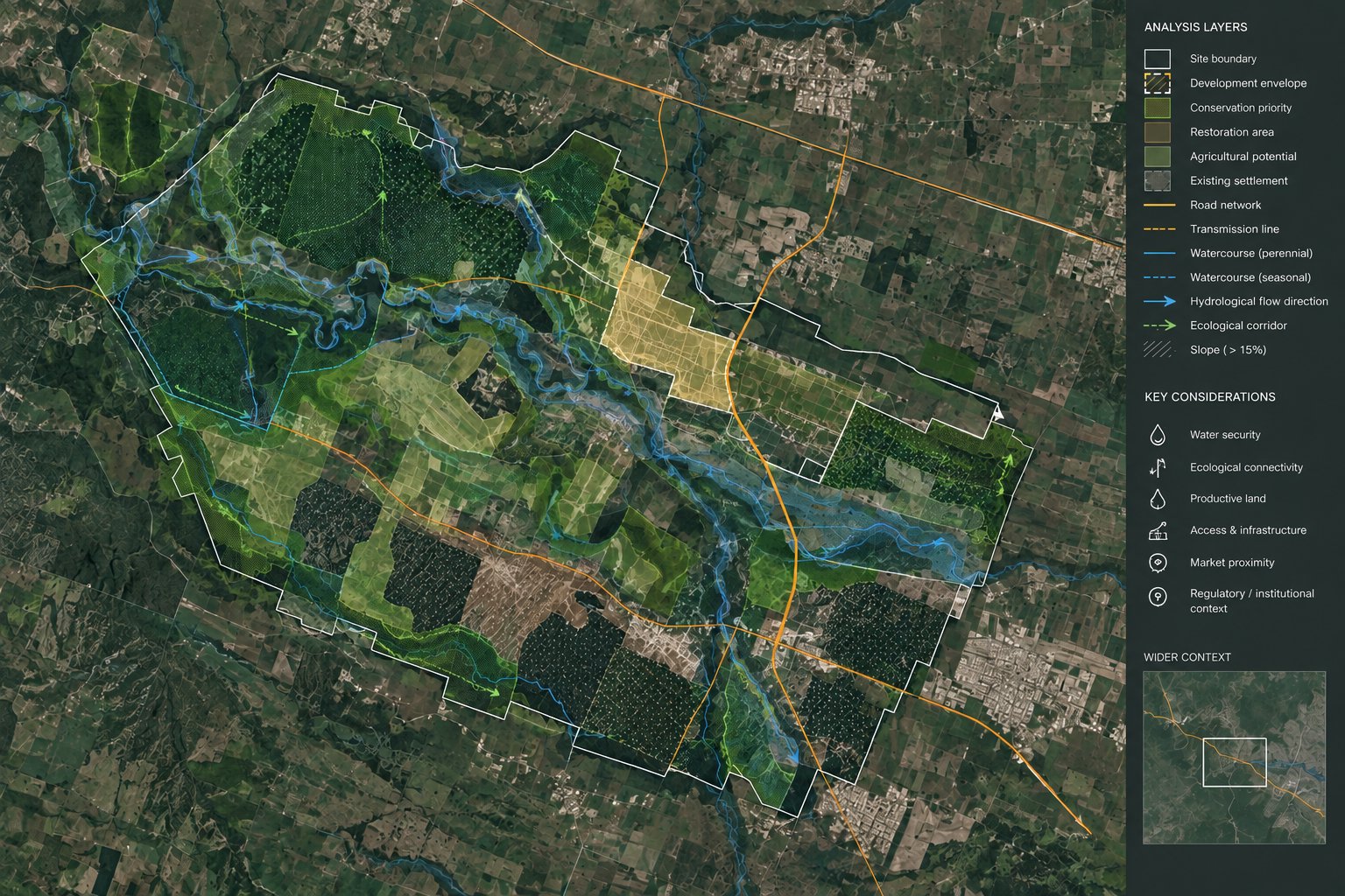 Territorial analysis with a full legend showing conservation, restoration, agricultural and development-envelope layers