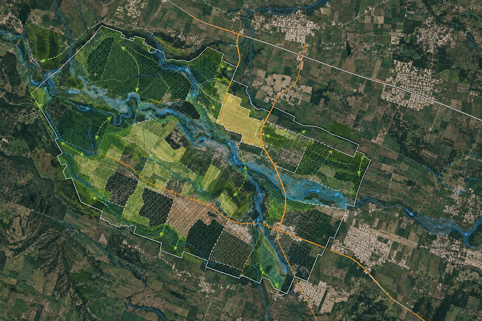 Territorial analysis mapping ecological corridors, hydrology and land use across a site